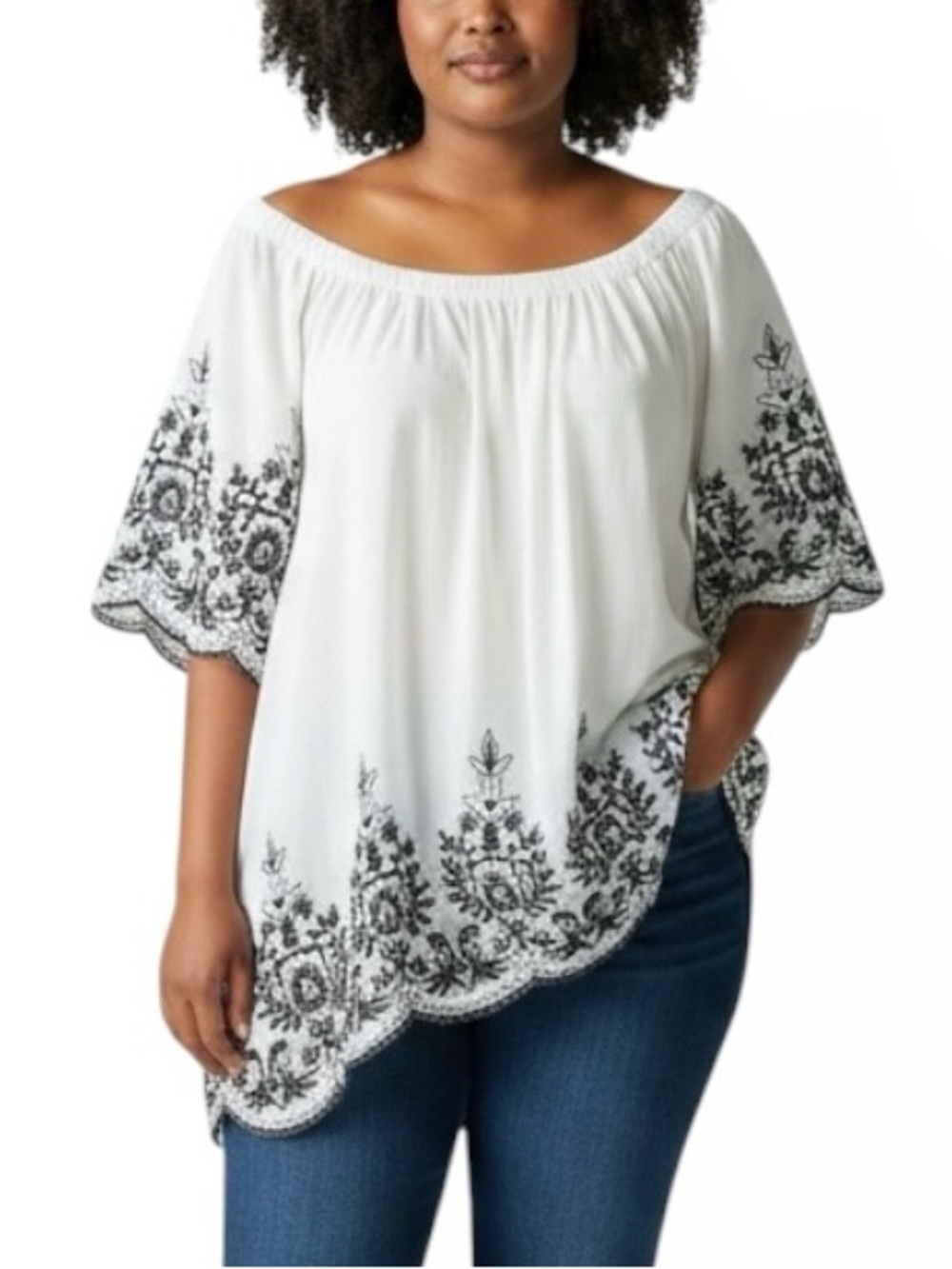 Liv Los Angeles Elegant White and Black Embroidered Women's Tunic Top 2X